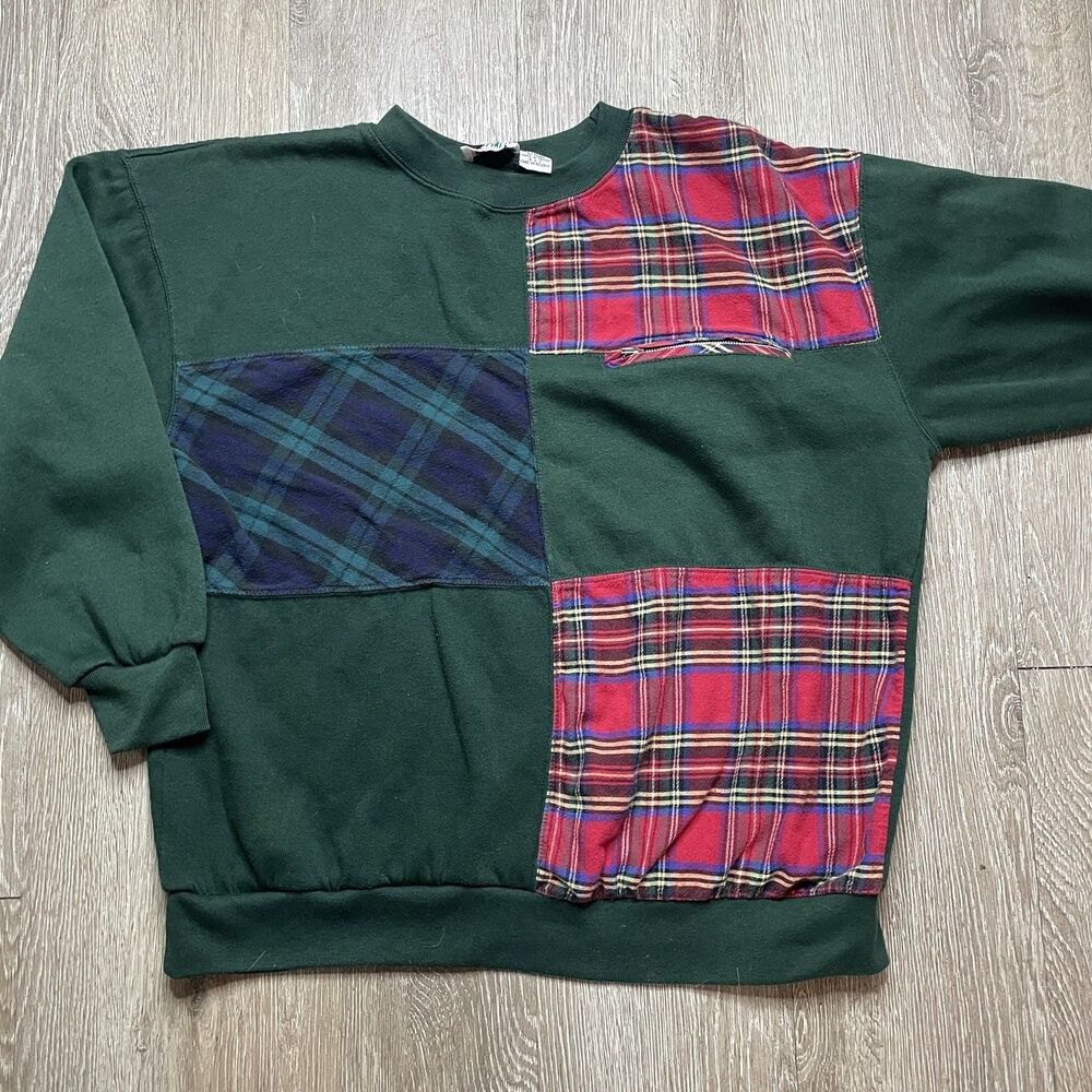 Vintage Bold Spirit Sears Patchwork Plaid Sweatshirt Gray Red Green Size L
